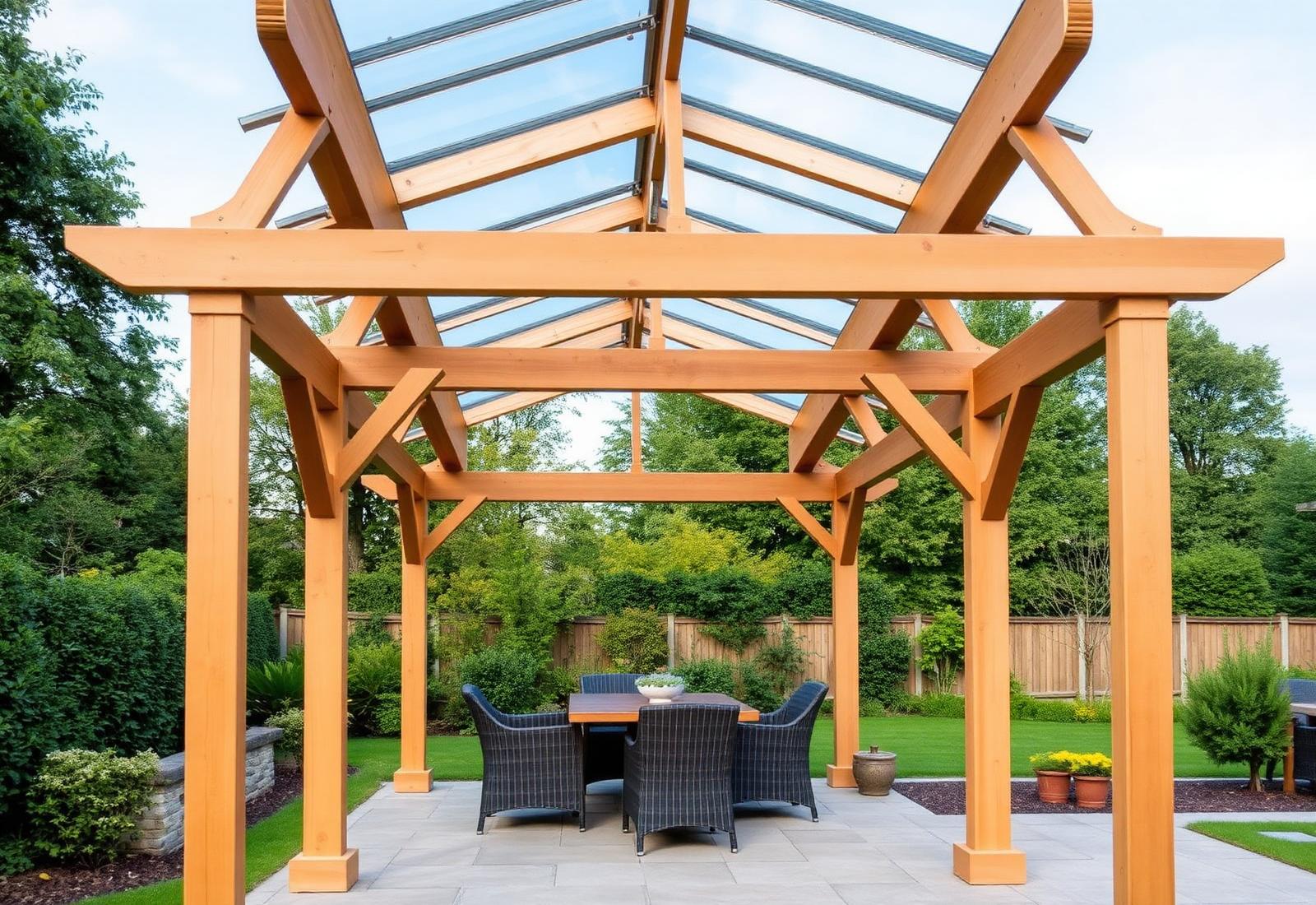 Handcrafted timber pergola with a polycarbonate roof in a green Irish garden