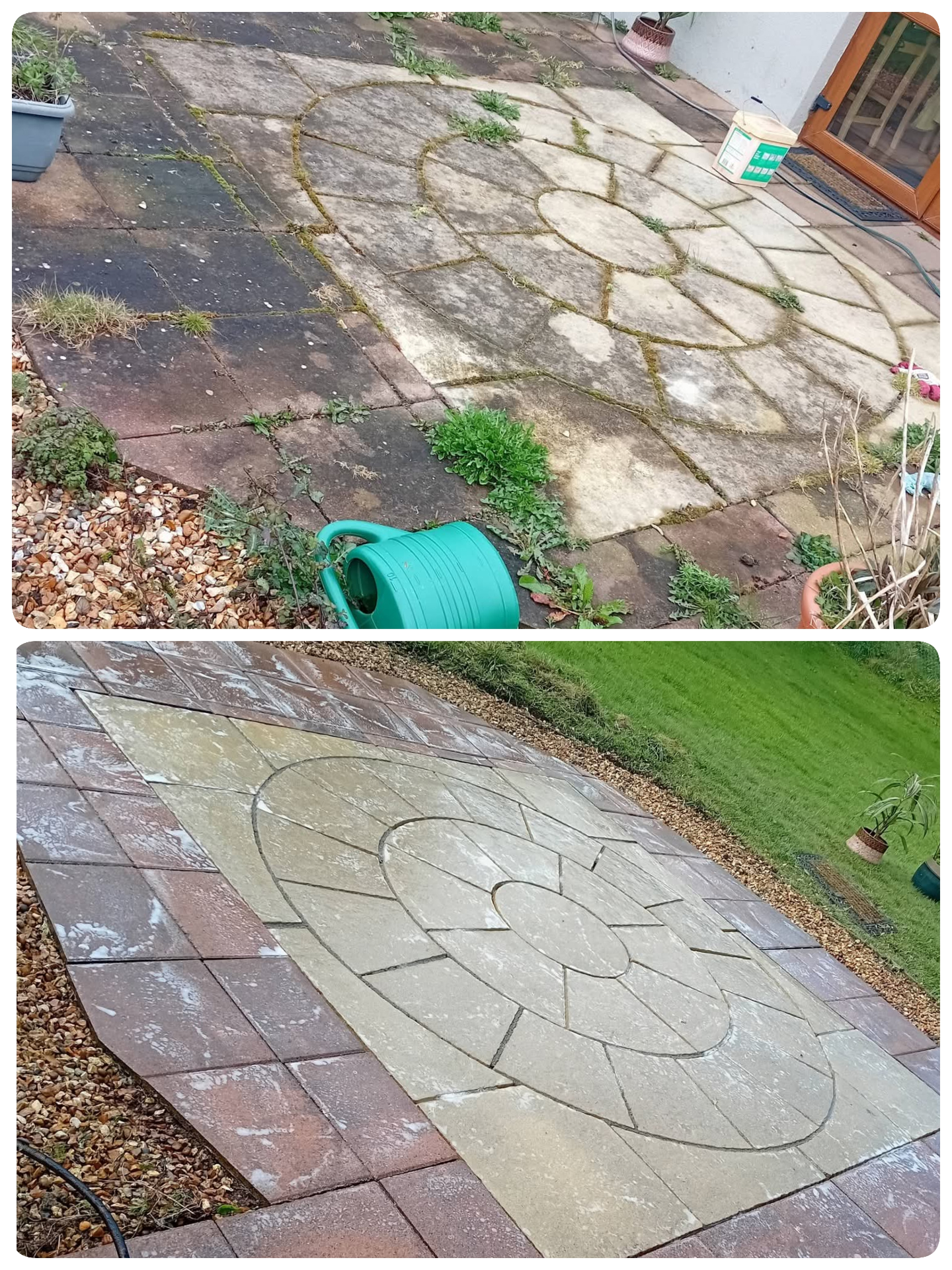 Feature patio cleaned — Weeds and years of dirt lifted from a circular feature patio.