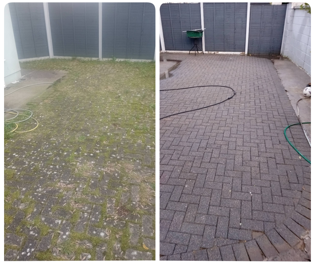 Block paving restored — Mossy, grass-grown block paving brought back to a clean, even finish.